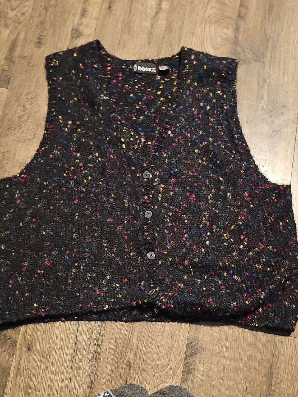 Stefano Vest Vintage Black Speckled Button-Up Knit  Size 26 28 Neon Ba•sics